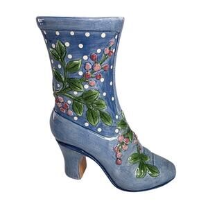 Fitz & Floyd Essentials Blue Ceramic Floral 5.5" High Heel Boot Vase Small Chip